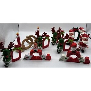 11 Vintage Christmas Ugna Kitschy Wooden Santa Reindeer Figural Napkin Rings